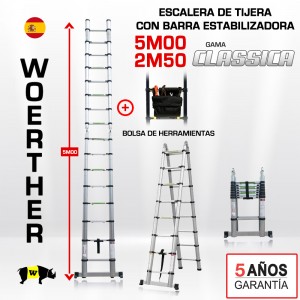 Escalera de tijera telescópica Woerther 5m - Triple función - Pack 2