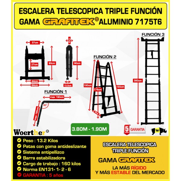 ECHELLE TELESCOPIQUE WOERTHER - GRAFITEK 3M80 - PACK 2 (+ HOUSSE)