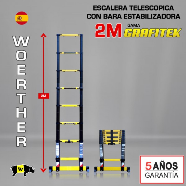 Escalera telescópica fabricada en grafito,altura máxima de 2M, escaleras  telescópicas mas solidas y duraderas del mercado