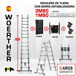 ESCALERA DE TIJERA TELESCOPICA Woerther 3m80 Triple función - PACK 5