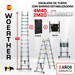 Escalera de tijera telescópica Woerther 4,40m. Triple función - Pack 4