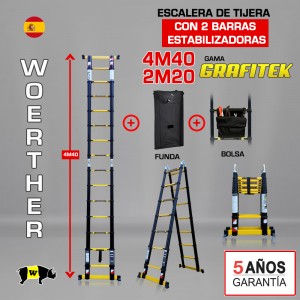 Escalera de tijera telescópica Woerther GRAFITEK 4,40m. Triple función - Pack 4
