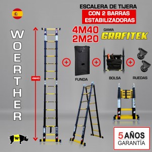 Escalera de tijera telescópica Woerther GRAFITEK 4,40m. Triple función - Pack 5