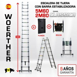Escalera de tijera telescópica Woerther 5m60 - Triple función - Pack 4