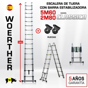 Escalera de tijera telescópica Woerther 5m60 - Triple función - Pack 3
